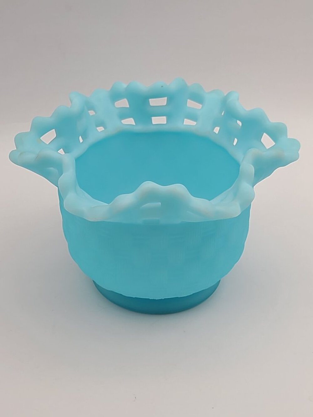 Fenton Vintage Blue Satin Basket Weave Open Lace Bowl 5" Diameter